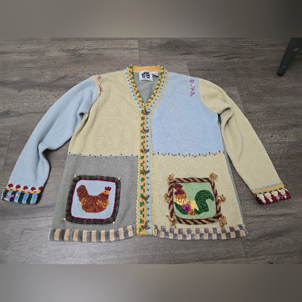 Storybook Knits Vintage Chicken Rooster Cardigan Embellished Fun Funky Sz Large